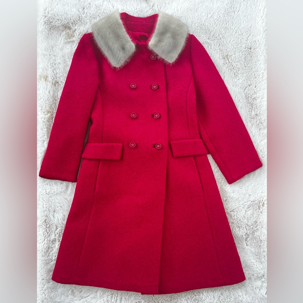 BROMLEIGH Vintage Pink Fuchsia Tweed Mink Fur Collar Pea Trench Coat sz. S